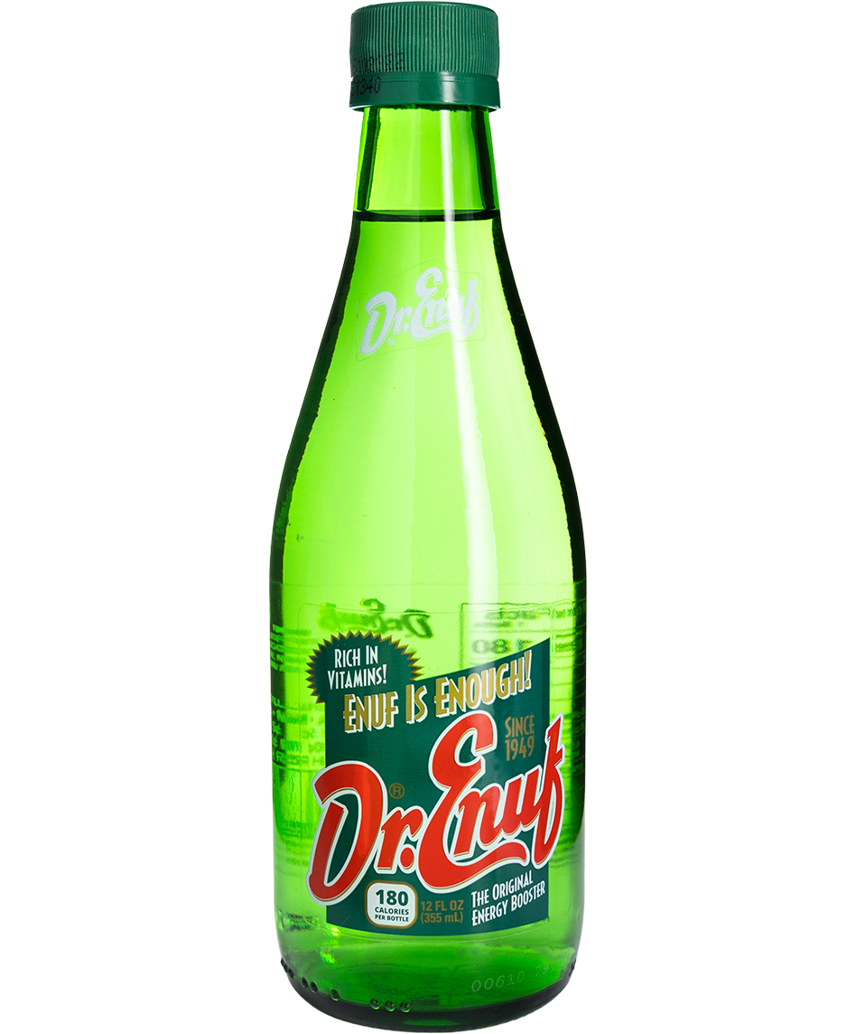 glass bottle of dr. enuf soda - 12-pack