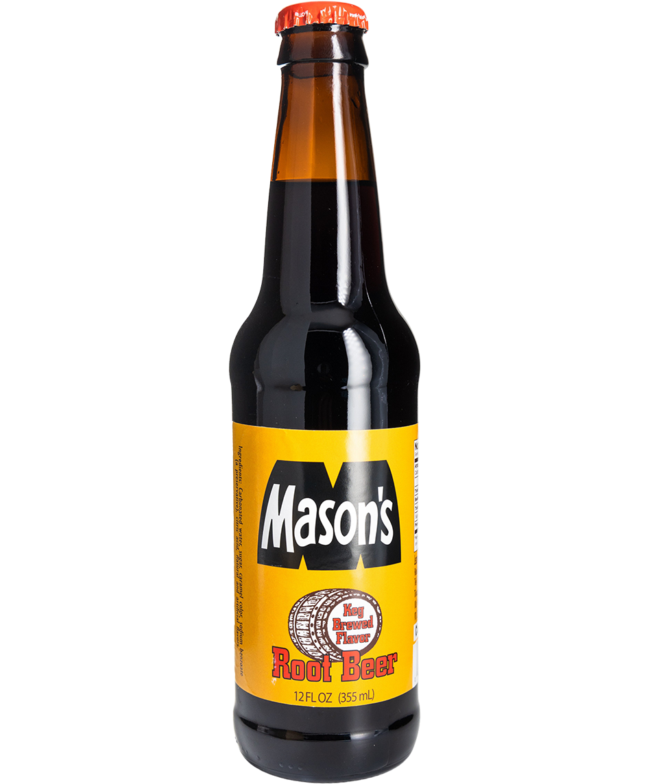 mason's root beer in a glass bottle